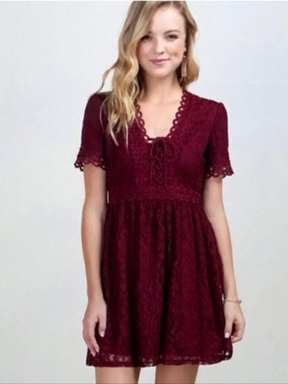 Francescas Burgundy Wine Lace Overlay Fit and Flare Cocktail Mini Dress Short S